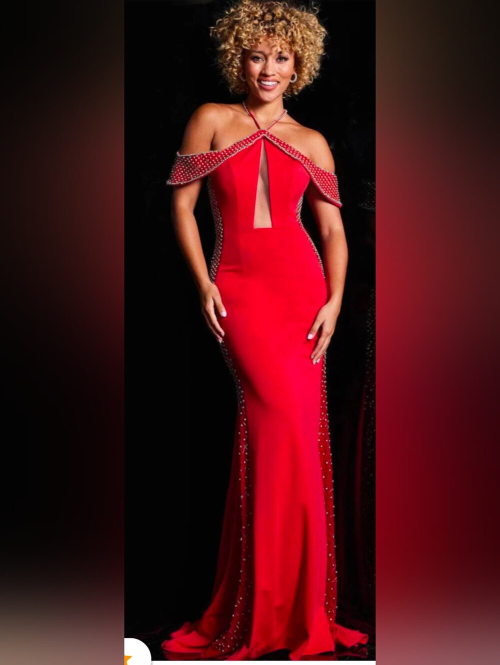 Red Jovani Embellished Cold-Shoulder Mermaid Dress